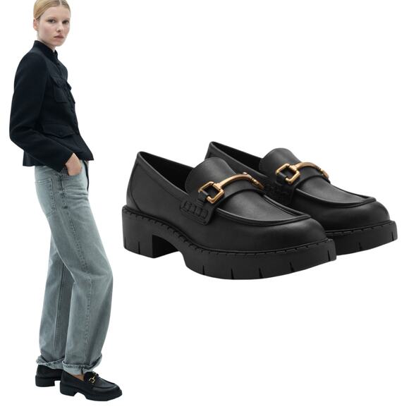 Mango Lug Sole Leather Loafer with Metallic Detail Black Size 38/ 7.5 - Picture 1 of 12